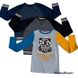 THREE unisex long sleeved sweatshirts, gray blue black, one graphic two solid, L